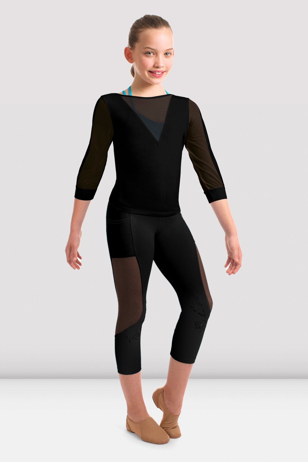Bloch FT5072C Girls Jamei Mesh Panelled 3/4 Sleeve Top