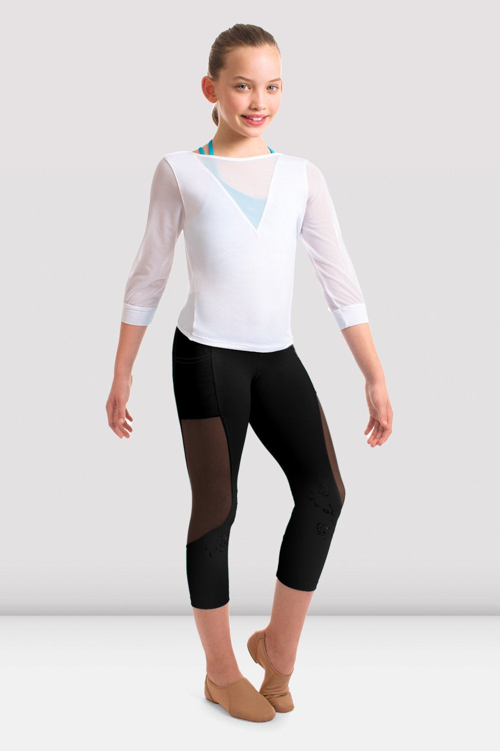 Bloch FT5072C Girls Jamei Mesh Panelled 3/4 Sleeve Top