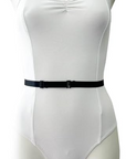 White bodysuit with a black belt on a mannequin against a white background